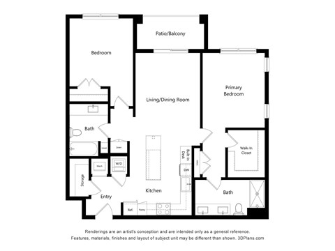 A floor plan of a house with a living room, kitchen, two bathrooms, and two bedrooms.